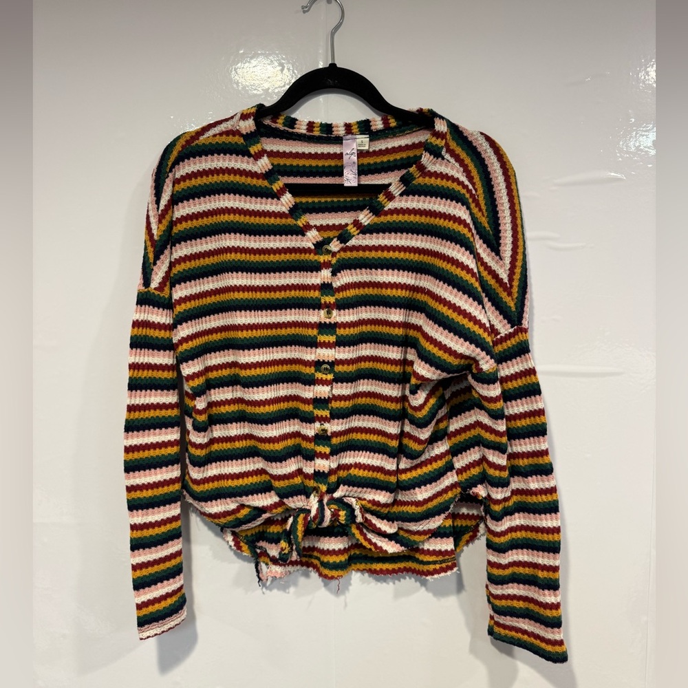Rainbow Alya striped‎ button front waffle knit shirt